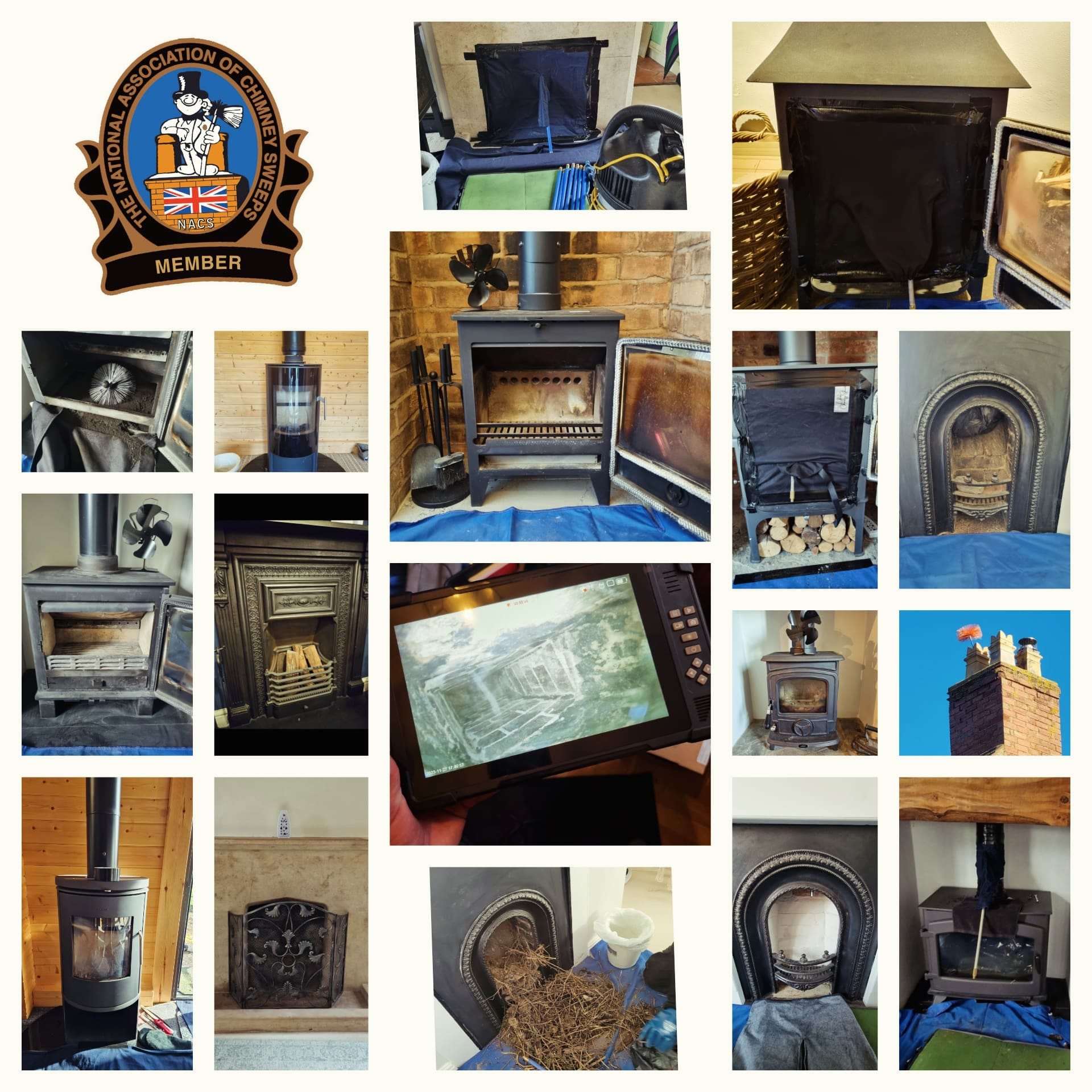 Picture collage of several chimney sweeping jobs completed in Warwickshire, Worcestershire, West Midlands, and Oxfordshire.